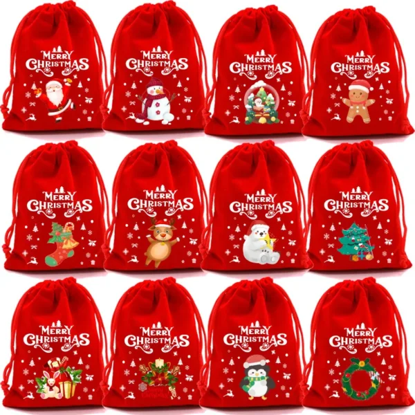 1pc Red Velvet Santa Gift Bag – Christmas Drawstring Pouch for Candy